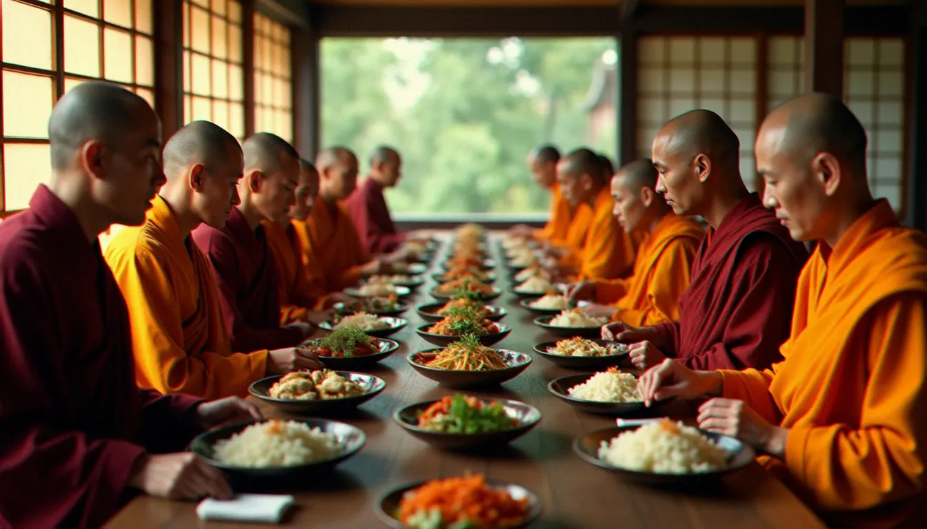 Des moines bouddhistes partagent un repas végétarien dans le réfectoire d'un monastère en Asie, expression concrète de la religion sans boeuf dans la tradition bouddhiste