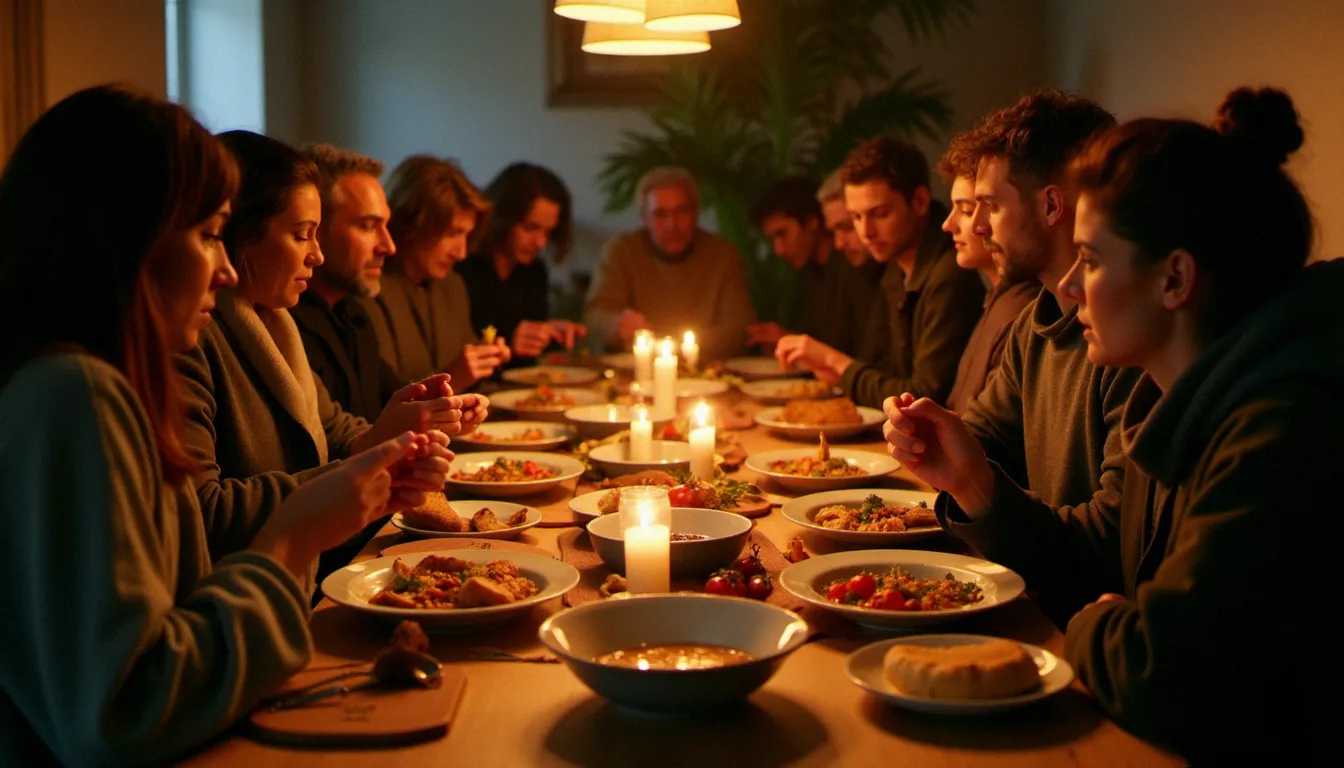 Des personnes de cultures différentes partagent un repas solidaire végétarien dans un foyer d'accueil en France, lieu où la religion sans boeuf devient geste d'inclusion et de respect mutuel