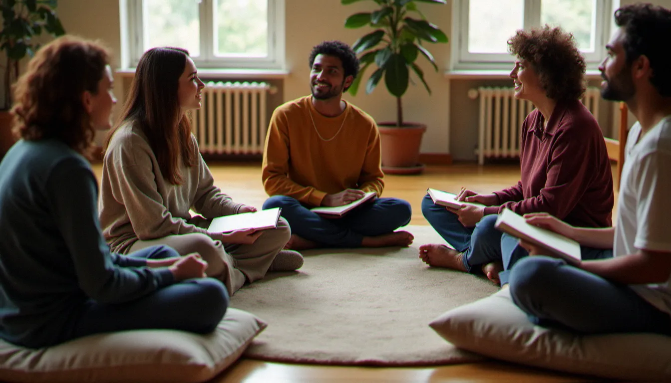 Groupe de personnes réunies en cercle de discussion philosophique, représentant une communauté de sens sans référence religieuse théiste