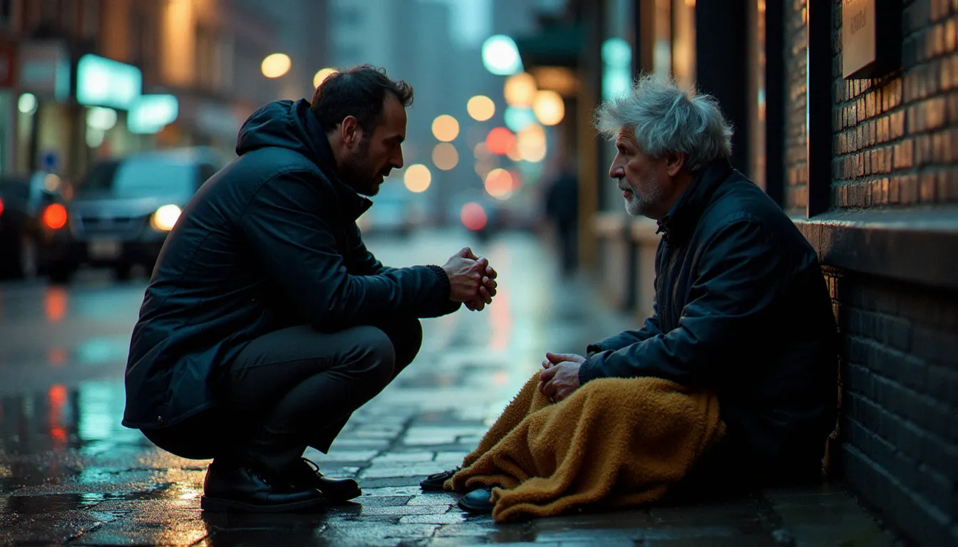 Bénévole aidant une personne sans-abri dans une rue de ville, incarnant la solidarité comme forme de sacré dans une religion sans dieu