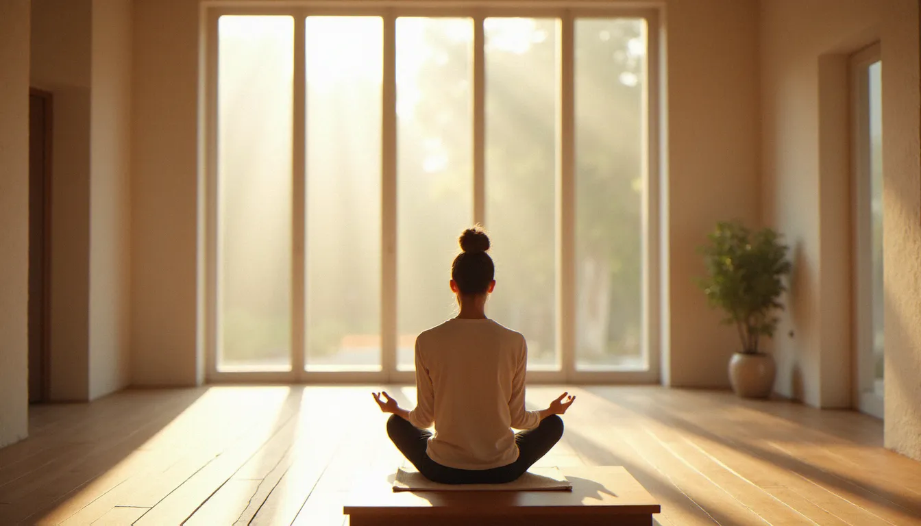 Personne en méditation silencieuse dans une salle lumineuse, illustrant une pratique spirituelle de religion sans dieu