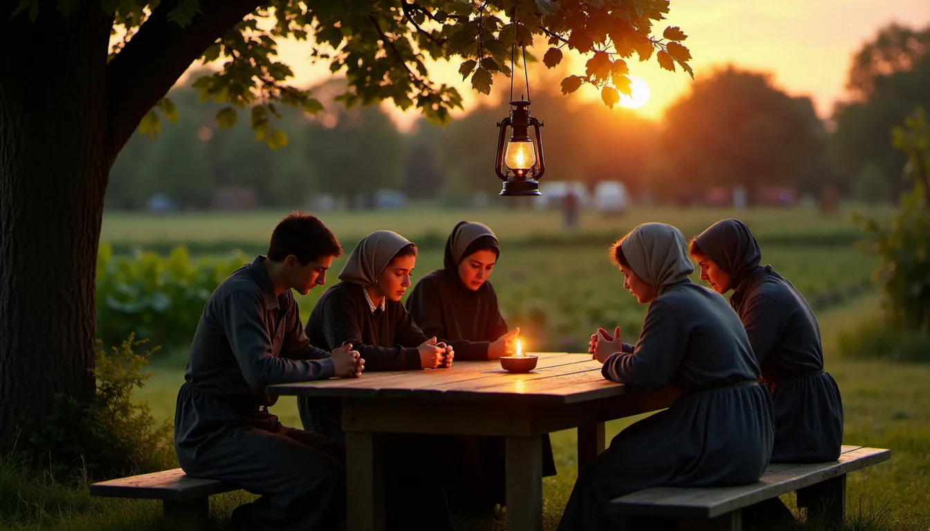 Famille Amish réunie en prière du soir autour d'une lampe à huile dans leur jardin, représentant une communauté pratiquant la religion sans électricité par choix spirituel