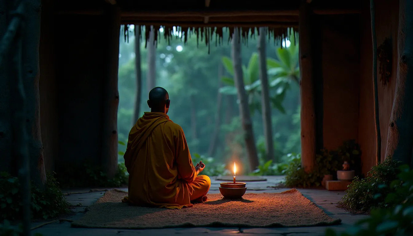 Moine bouddhiste en méditation nocturne à la lueur d'une lampe à beurre dans une cabane forestière, exemple de tradition spirituelle vivante sans électricité