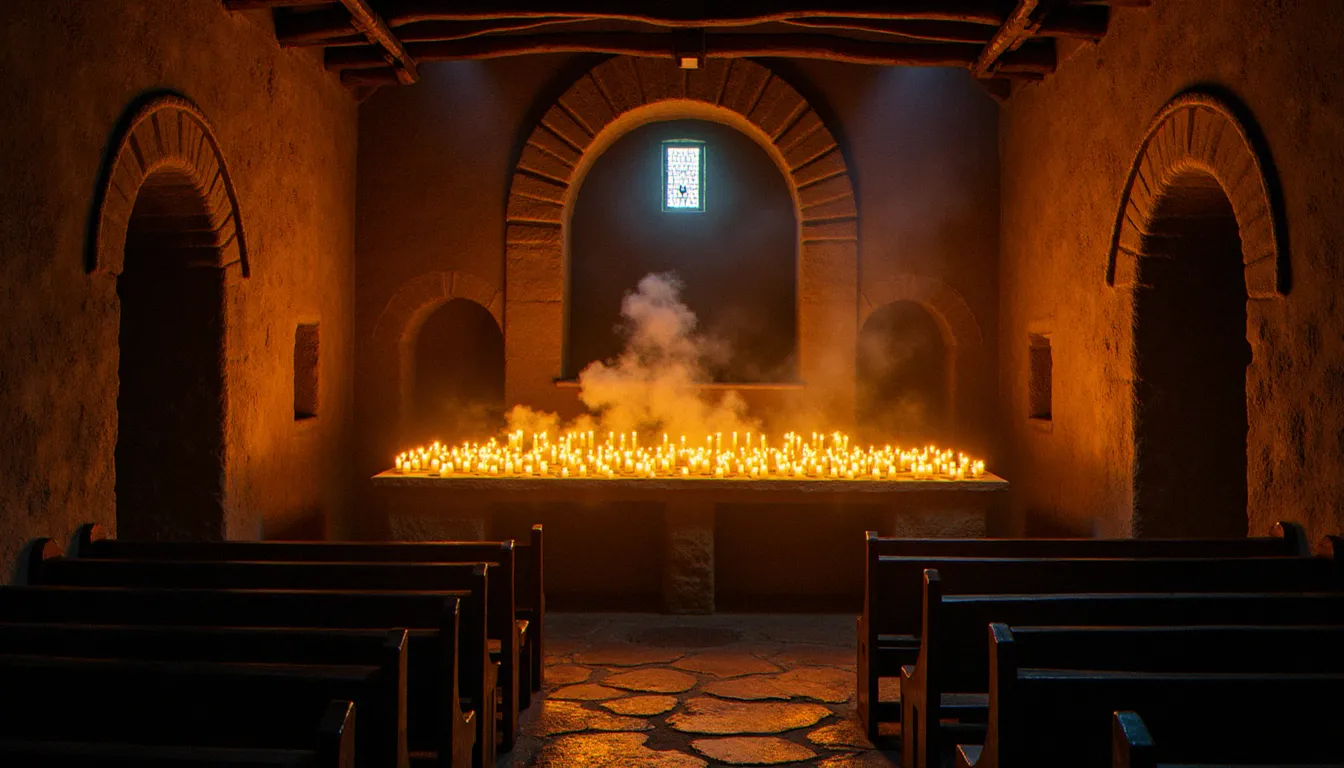 Intérieur d'une chapelle de pierre éclairée uniquement par des bougies, illustrant la pratique d'une religion sans électricité dans un cadre médiéval authentique