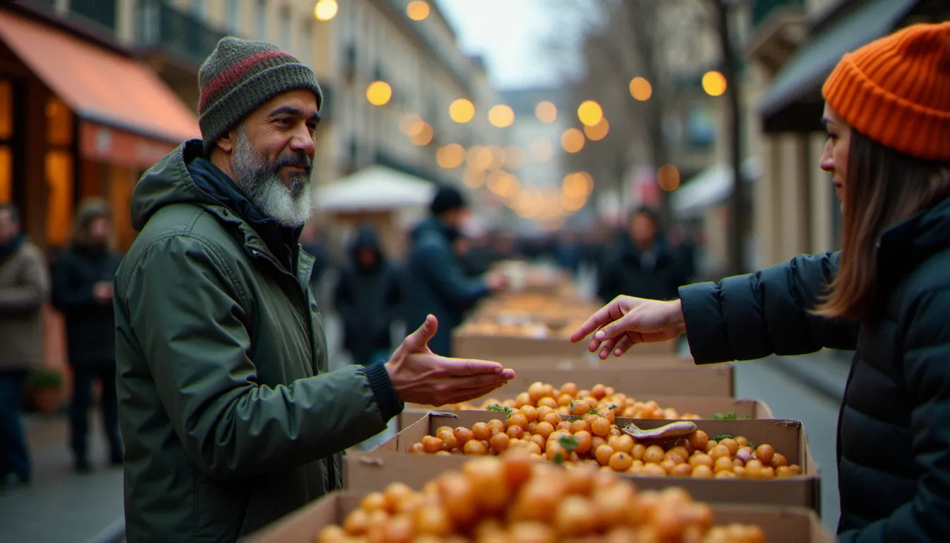 Un homme respectant l'interdit alimentaire islamique lors d'une distribution alimentaire communautaire, illustrant la pratique quotidienne de la religion sans porc