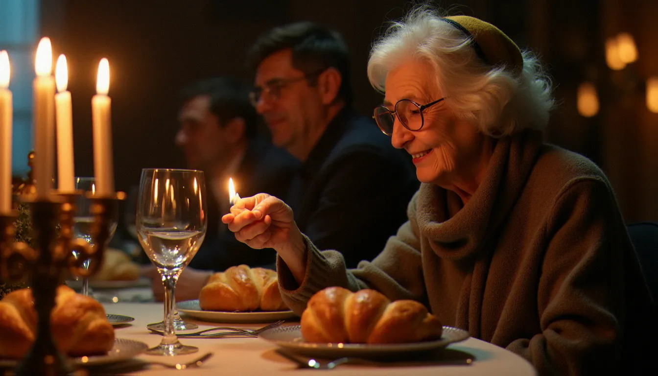 Une femme juive âgée préparant un repas casher pour le Shabbat, illustrant la transmission des pratiques alimentaires religieuses sans porc au sein de la famille