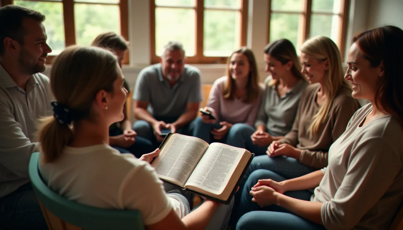Un groupe de personnes réunies autour d'une Bible imprimée dans une salle lumineuse, pratiquant leur foi sans écrans ni technologie numérique