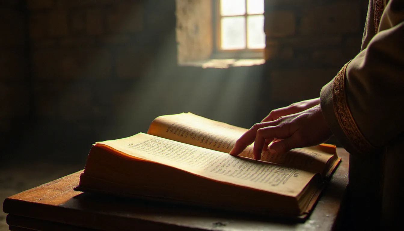 Les mains d'un moine tournant les pages d'un manuscrit enluminé ancien dans une abbaye, symbole des rites religieux transmis sans technologie moderne