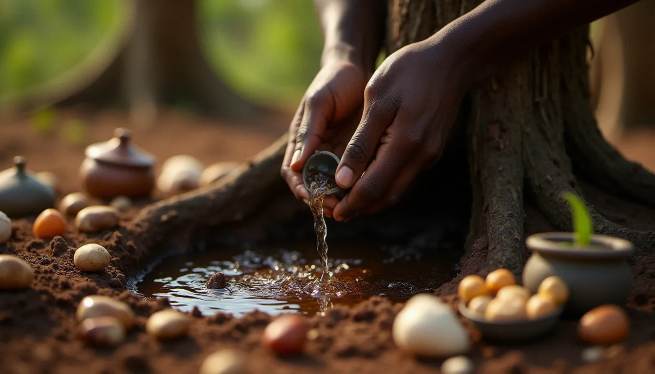 Des mains africaines versant une libation aux ancêtres sur la terre, pratique quotidienne centrale de la spiritualité africaine traditionnelle