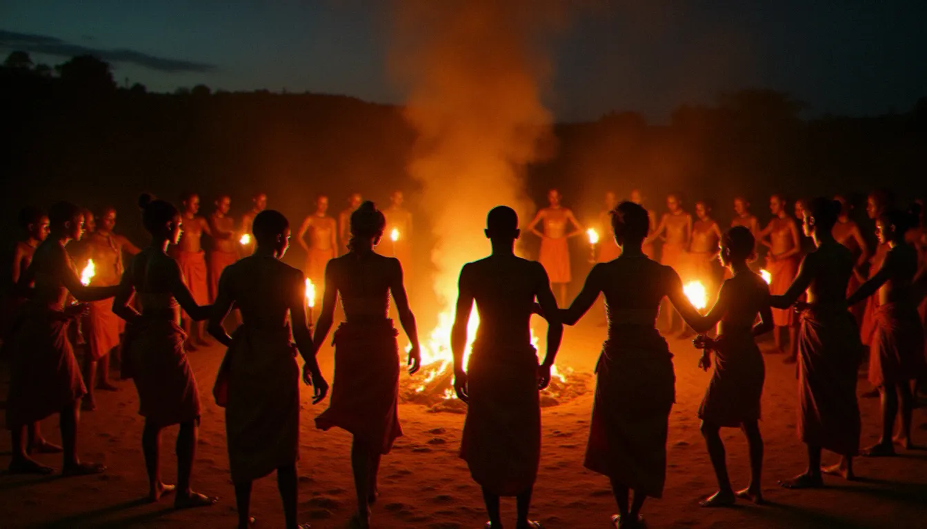 Danse rituelle nocturne collective exprimant la dimension communautaire et incarnée de la spiritualité africaine dans un village d'Afrique de l'Est