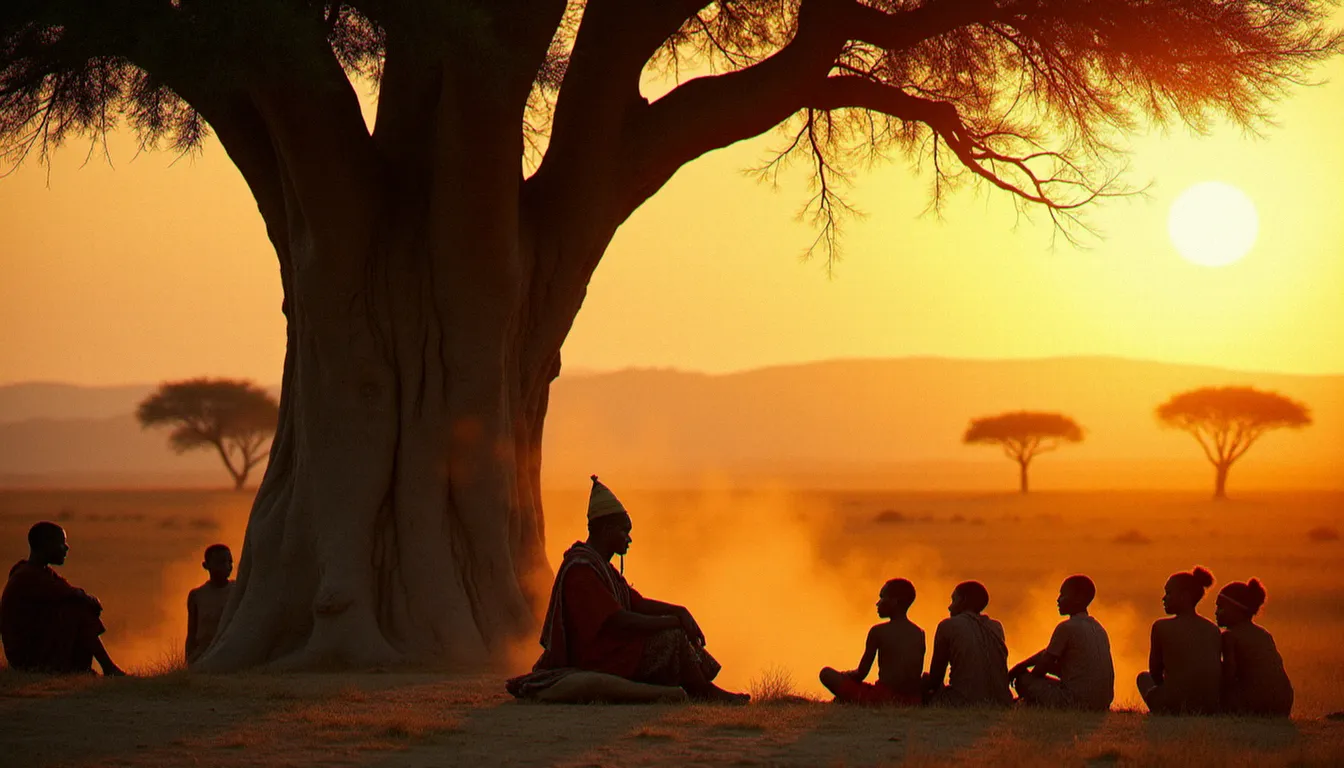 Un griot africain âgé transmettant la spiritualité africaine ancestrale à sa communauté sous un baobab au coucher du soleil en Afrique de l'Ouest