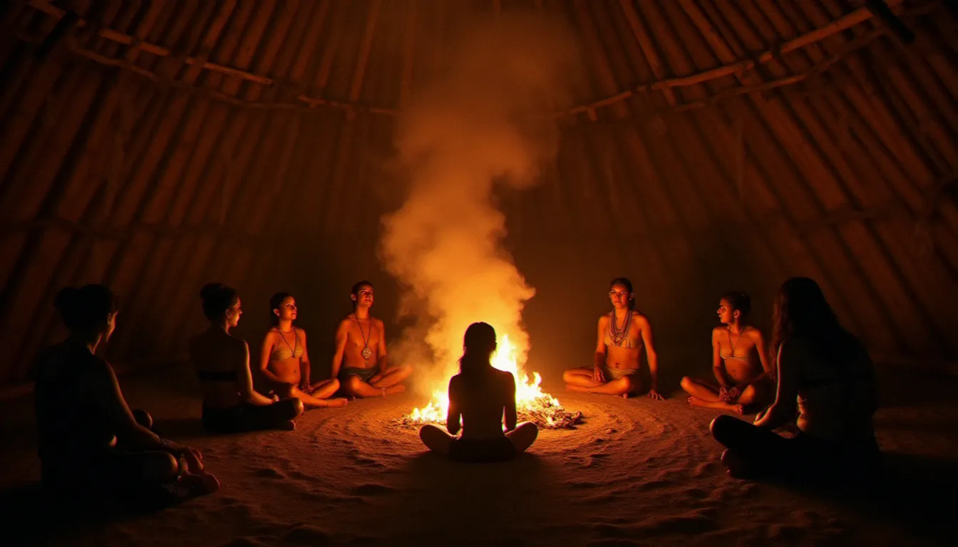 Cérémonie de suerie amérindienne avec des participants réunis en cercle autour d'un foyer, pratique rituelle centrale dans la spiritualité amérindienne