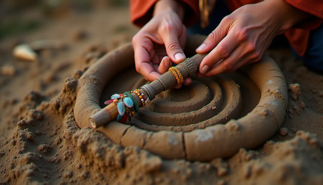 Mains autochtones tenant un bâton de parole traditionnel orné de plumes, symbole de transmission et de respect dans la spiritualité amérindienne