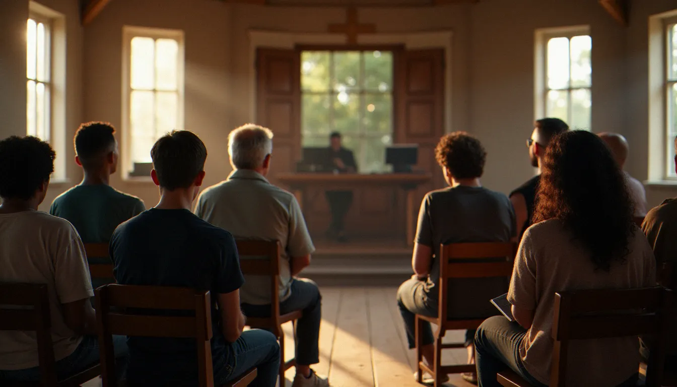 Un groupe de croyants réunis en cercle de prière dans une salle communautaire lumineuse, représentant la dimension fraternelle et communautaire de l'enseignement spirituel