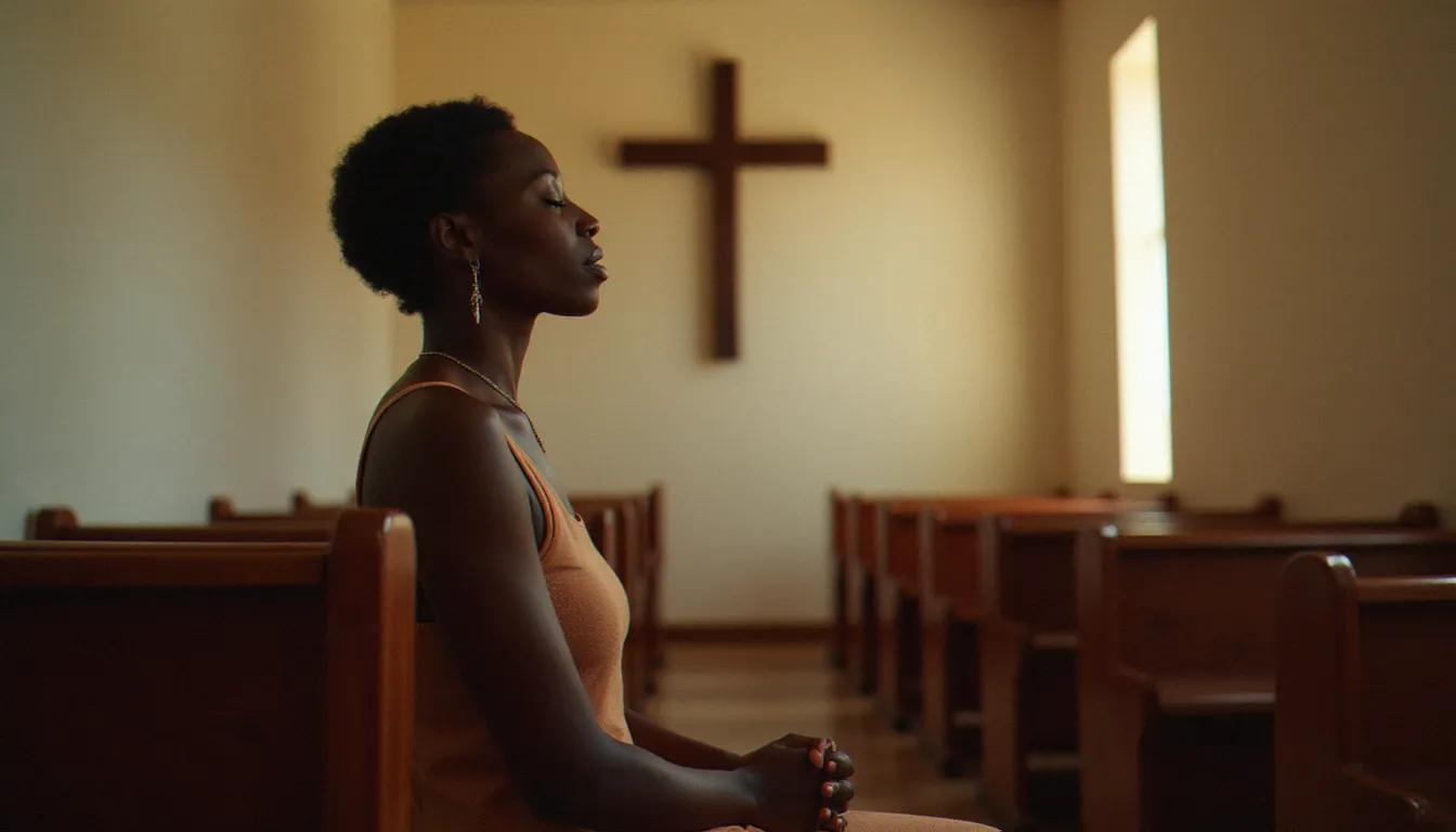 Une femme en recueillement solitaire dans une église, les mains jointes face à une croix en bois, incarnant la recherche contemporaine d'un accompagnement spirituel profond et authentique