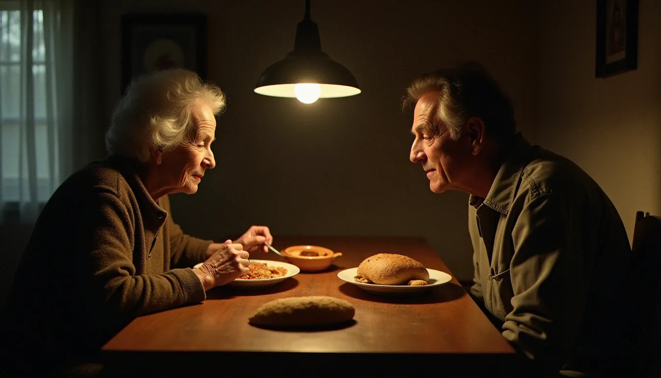 Deux personnes partageant un repas simple et digne dans une cuisine modeste éclairée par une lampe chaleureuse, incarnant la fraternité et la spiritualité vécue comme rencontre authentique entre êtres humains