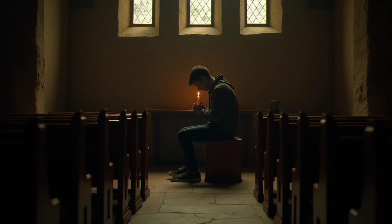Une personne seule dans une chapelle en pierre, méditant à la lueur d'une bougie, illustrant la quête intérieure et les risques liés à la spiritualité danger