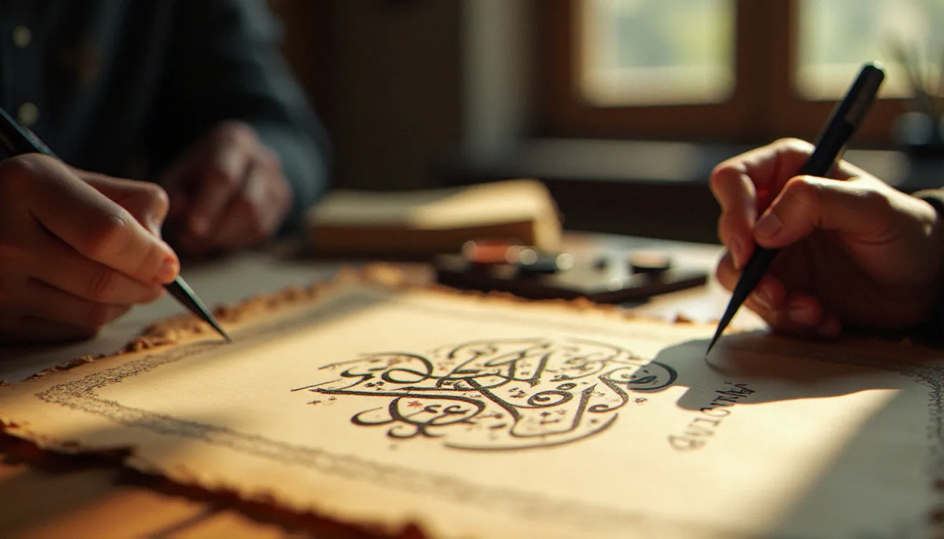 Mains calligraphiant des lettres arabes à l'encre sur parchemin, représentant les mots spirituels fondamentaux de la tradition arabe