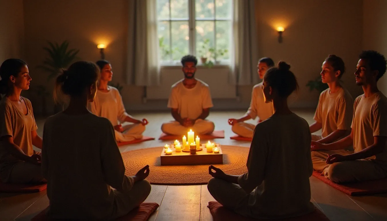 Groupe de personnes de différentes origines en cercle de méditation silencieuse, illustration du dialogue interreligieux autour de la spiritualité arabe