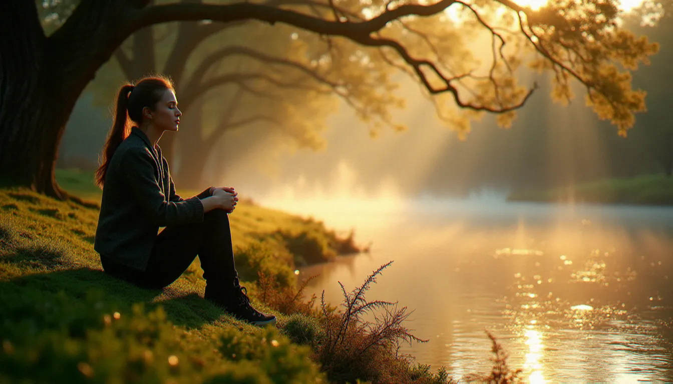 Personne en contemplation silencieuse au bord d'une rivière à l'aube, illustrant la rencontre entre spiritualité et secret naturel dans un environnement forestier apaisé