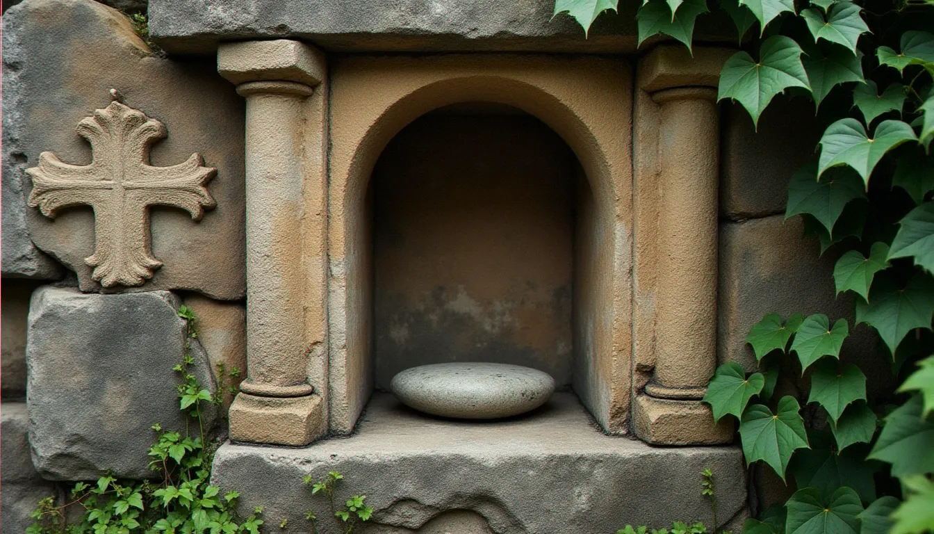 Mur de pierre ancienne avec symboles religieux gravés et offrande minérale, illustrant la tradition spirituelle des pierres naturelles