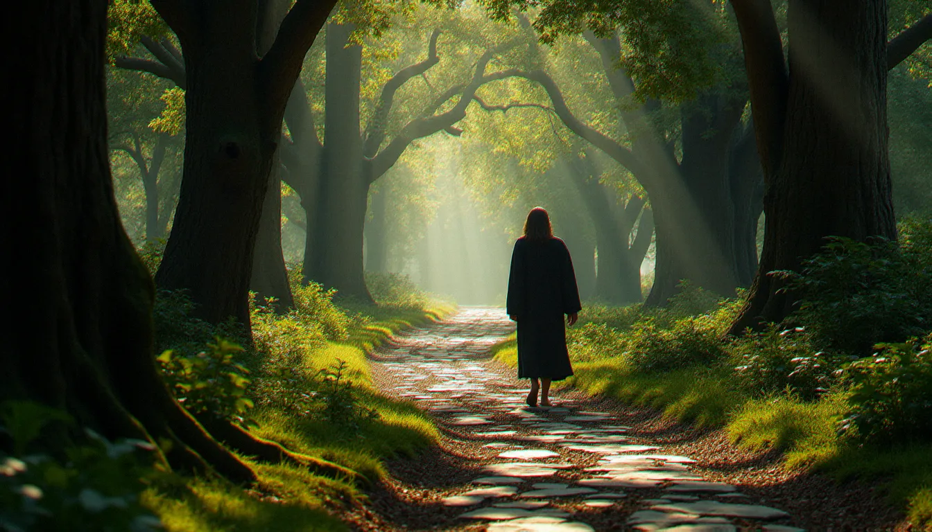 Pèlerin marchant pieds nus sur un sentier pavé de pierres mousseuses en forêt ancienne, lumière naturelle filtrée par les chênes, atmosphère contemplative et spirituelle