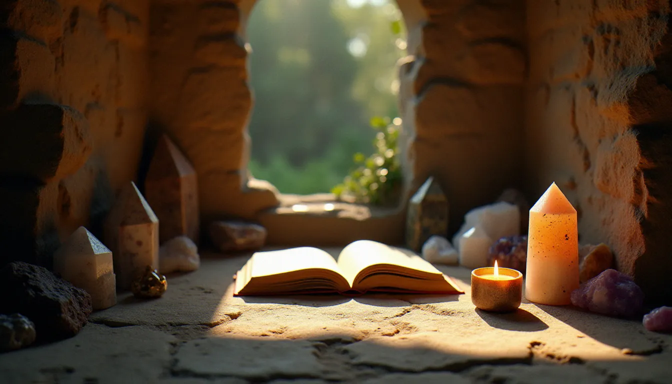 Coin de méditation avec pierres naturelles et cristaux disposés sur un autel personnel en pierre, bougie allumée et livre ouvert, lumière de fin d'après-midi, ambiance spirituelle et recueillie