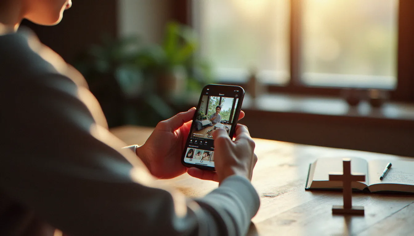 Personne rédigeant sa bio instagram religion sur son smartphone, avec une croix en bois posée sur une table en bois naturel