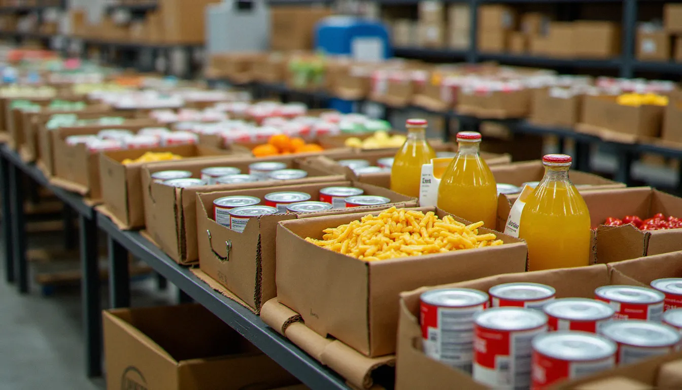 Cartons triés de conserves, pâtes et lait UHT dans un entrepôt de banque alimentaire, prêts pour la distribution