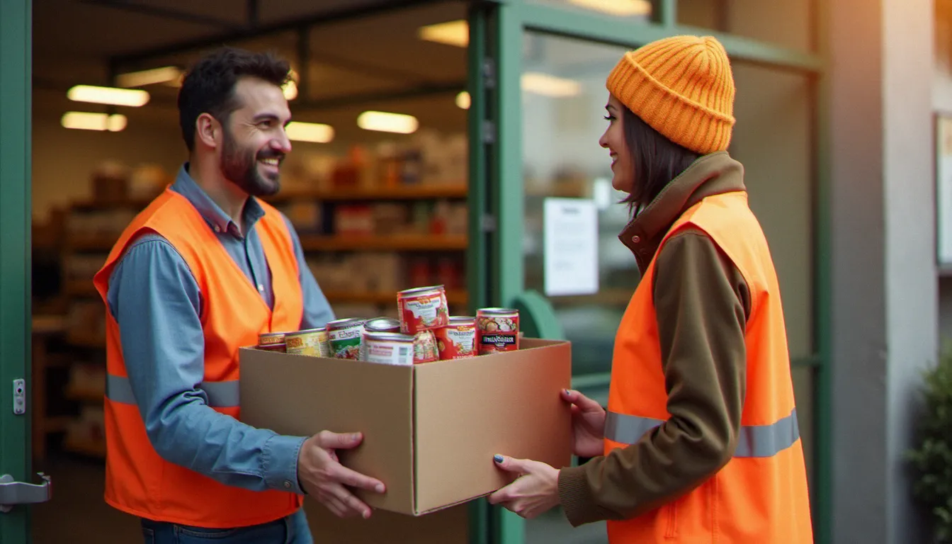 Bénévole en chasuble orange remettant un carton de denrées alimentaires lors d'une collecte alimentaire 2026 devant un supermarché
