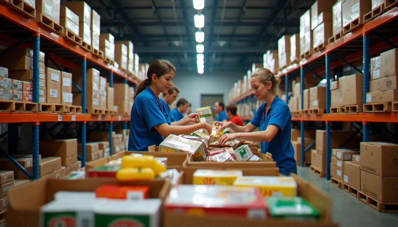 Entrepôt d'une banque alimentaire avec des bénévoles triant des denrées non périssables sur des étagères métalliques