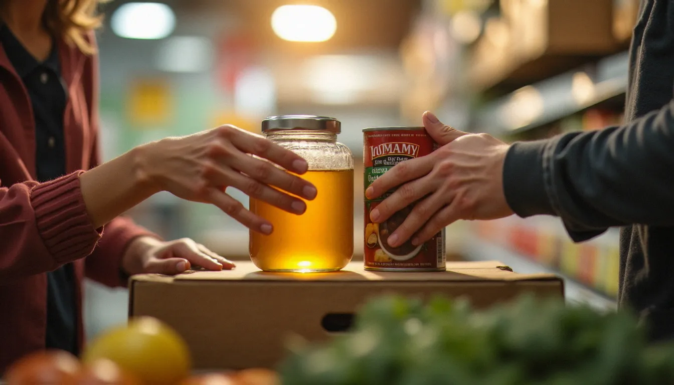 Mains d'un donateur déposant un pot de miel et une conserve dans une caisse de collecte alimentaire à la caisse d'un supermarché