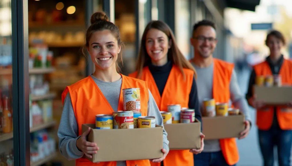 collecte alimentaire banque alimentaire featured Des bénévoles en gilets oranges tenant des caisses de dons lors d'une collecte alimentaire pour une banque alimentaire devant un supermarché français
