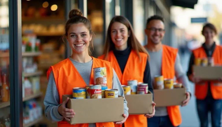 Des bénévoles en gilets oranges tenant des caisses de dons lors d'une collecte alimentaire pour une banque alimentaire devant un supermarché français