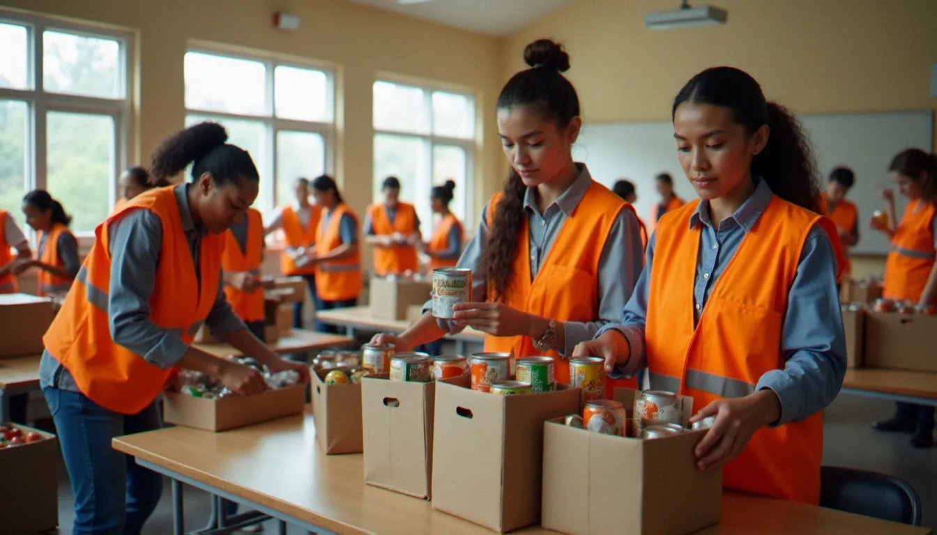 Des bénévoles trient et organisent des denrées non périssables dans des cartons lors de la phase logistique d'une collecte alimentaire