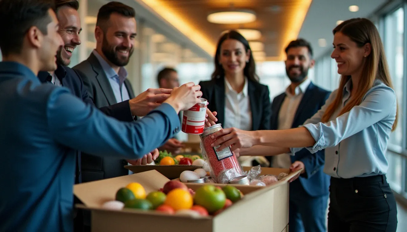 Des salariés d'une entreprise déposent des produits alimentaires dans un point de collecte aménagé dans leurs locaux lors d'une collecte solidaire interne