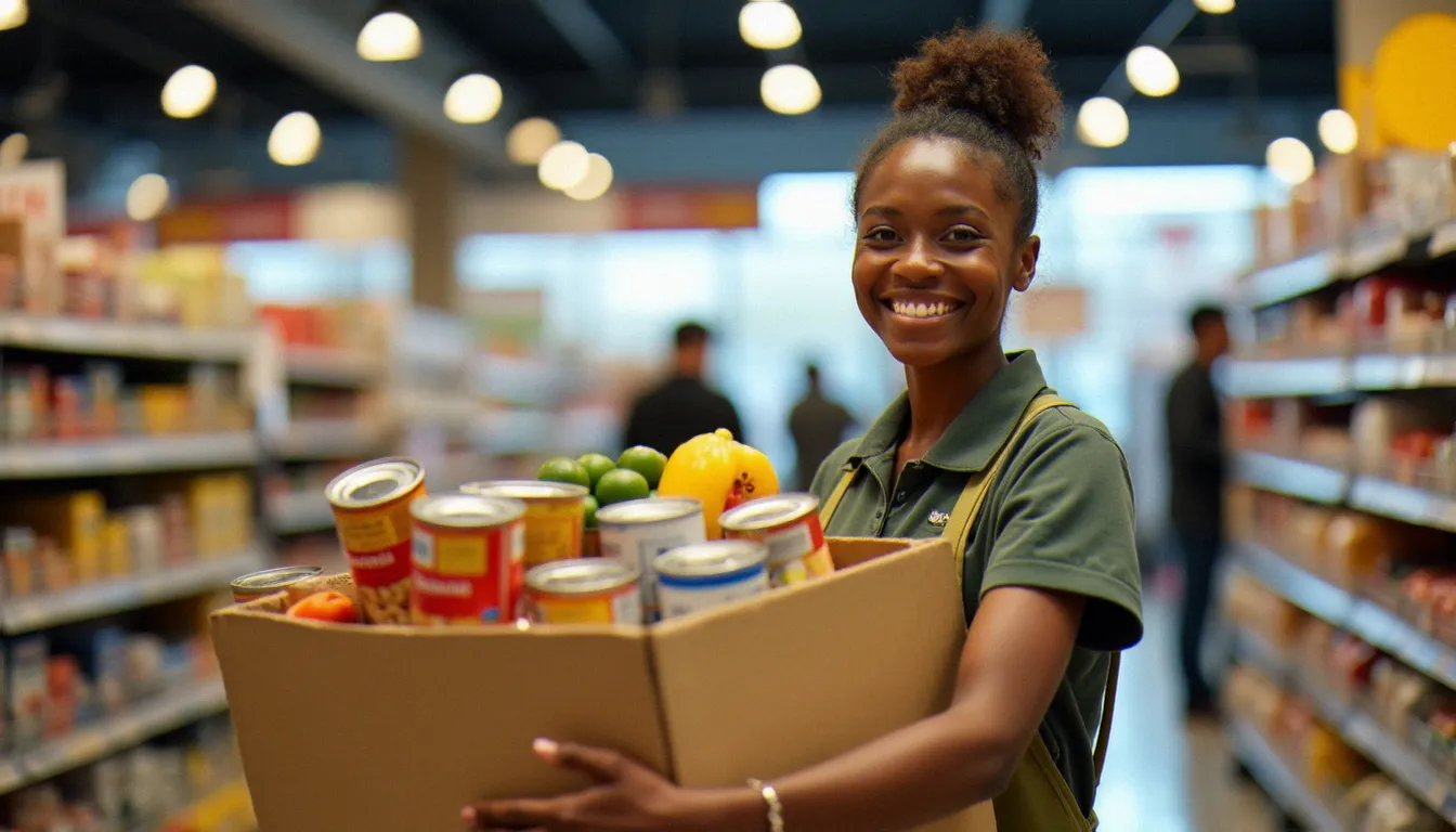 Un bénévole dépose des conserves dans un bac de collecte alimentaire à l'entrée d'un supermarché lors d'une opération solidaire