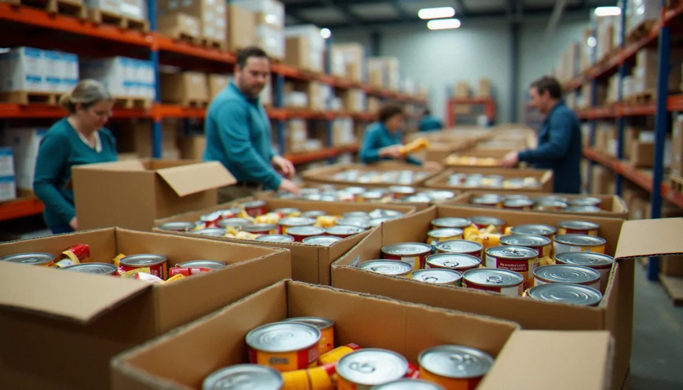 Tri de denrées collectées dans un entrepôt de banque alimentaire, boîtes de conserve et paquets de pâtes disposés sur des tables par des bénévoles