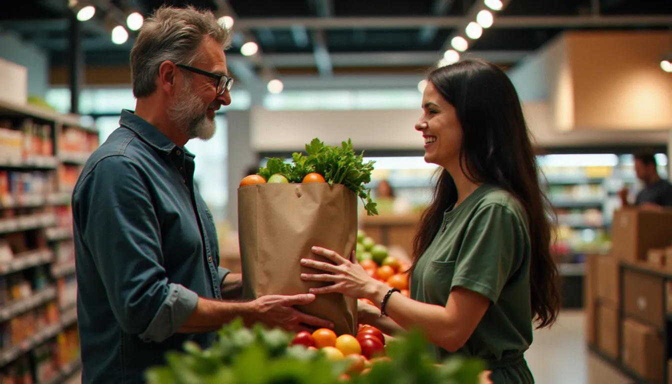 Un donateur remet un sac de produits alimentaires à une bénévole lors d'une collecte alimentaire à Rennes, geste de solidarité en supermarché