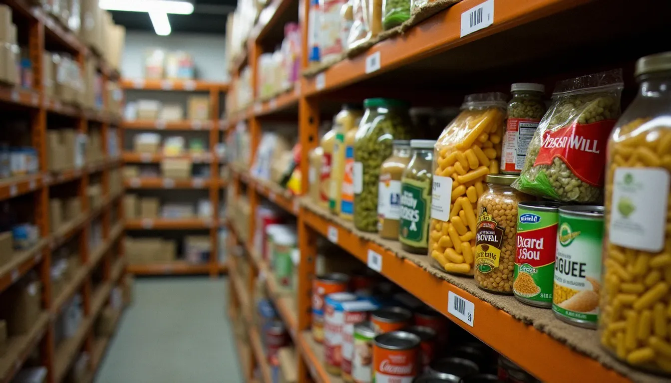 Étagères d'une banque alimentaire des Restos du Cœur garnies de conserves, pâtes et produits non périssables collectés lors d'une collecte alimentaire