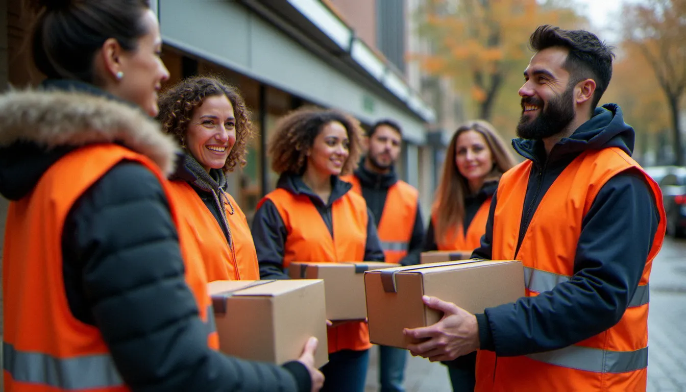 Groupe de bénévoles en gilets orange des Restos du Cœur devant un supermarché par une matinée d'automne, accueillant les clients lors d'une collecte alimentaire