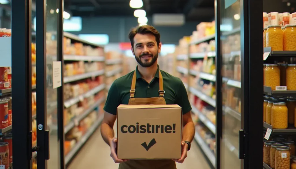 collecte alimentaire resto du coeur 2025 featured Bénévole des Restos du Cœur tenant un carton de collecte alimentaire à l'entrée d'un supermarché en 2025, entouré de conserves et de pâtes déposées par les clients