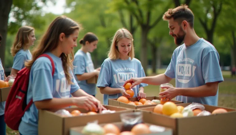 Groupe d'adolescents bénévoles triant des denrées alimentaires dans un parc urbain, illustrant l'engagement citoyen adolescent dans une action solidaire concrète