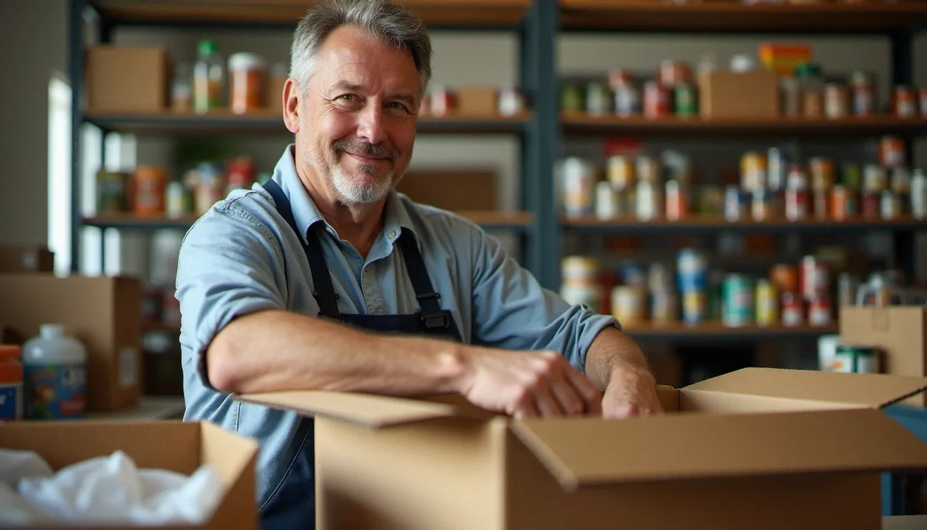 Bénévole triant des boîtes de conserve dans un centre de distribution alimentaire, exemple concret de participation citoyenne au quotidien