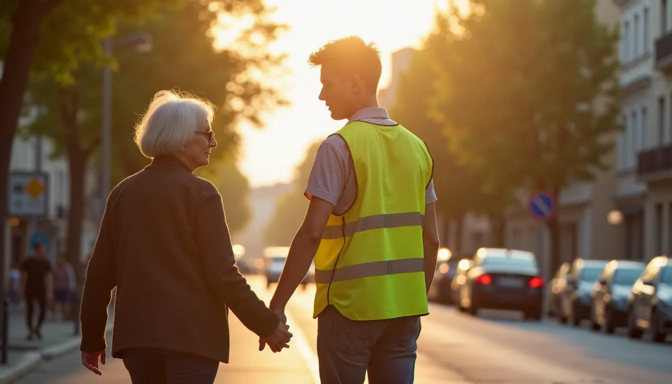 Jeune bénévole en gilet associatif aidant une personne âgée dans une rue française, exemple d'engagement citoyen des jeunes