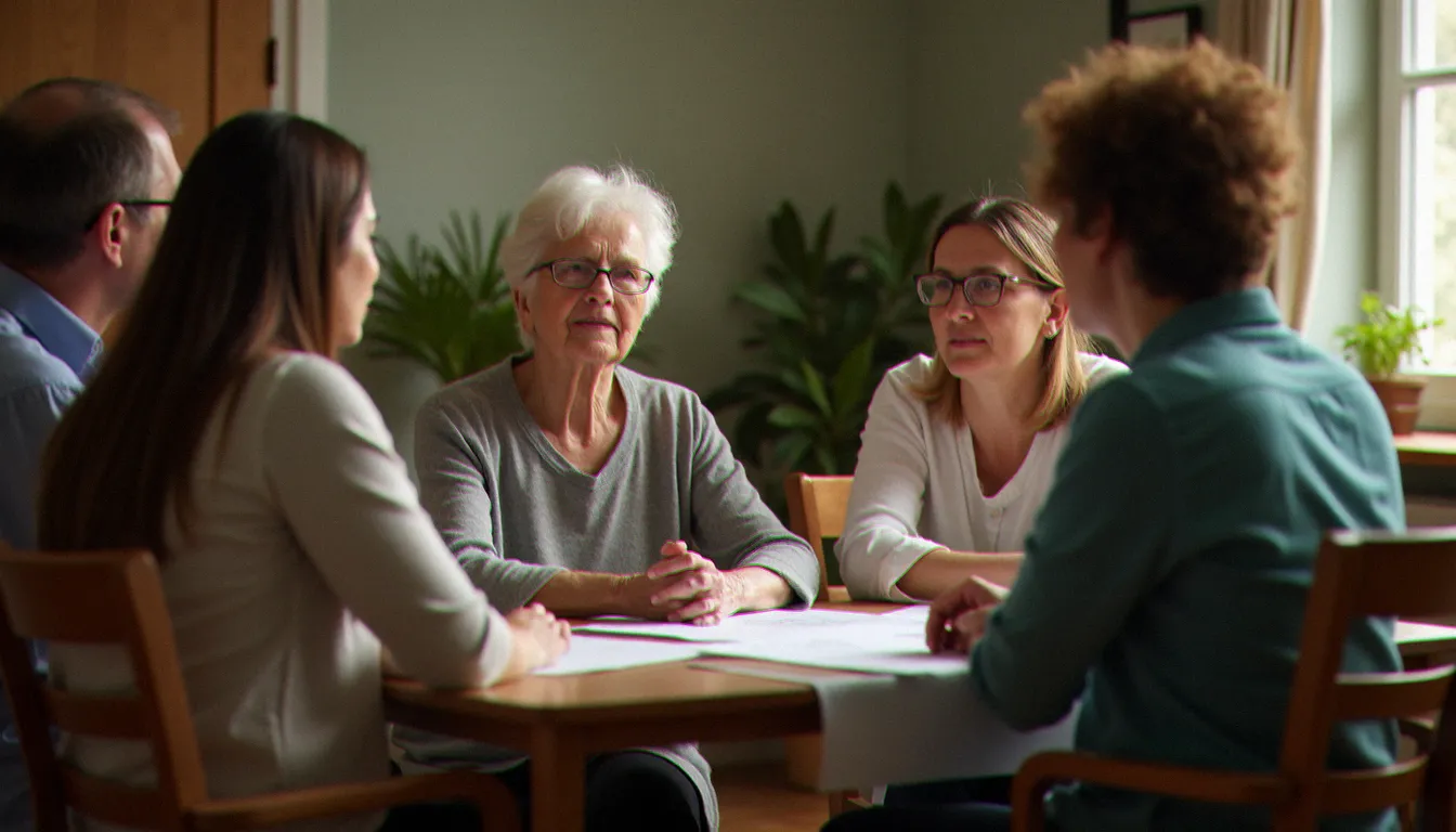 Une femme senior partageant son expérience avec de jeunes bénévoles lors d'une réunion associative, illustration de l'engagement citoyen des seniors
