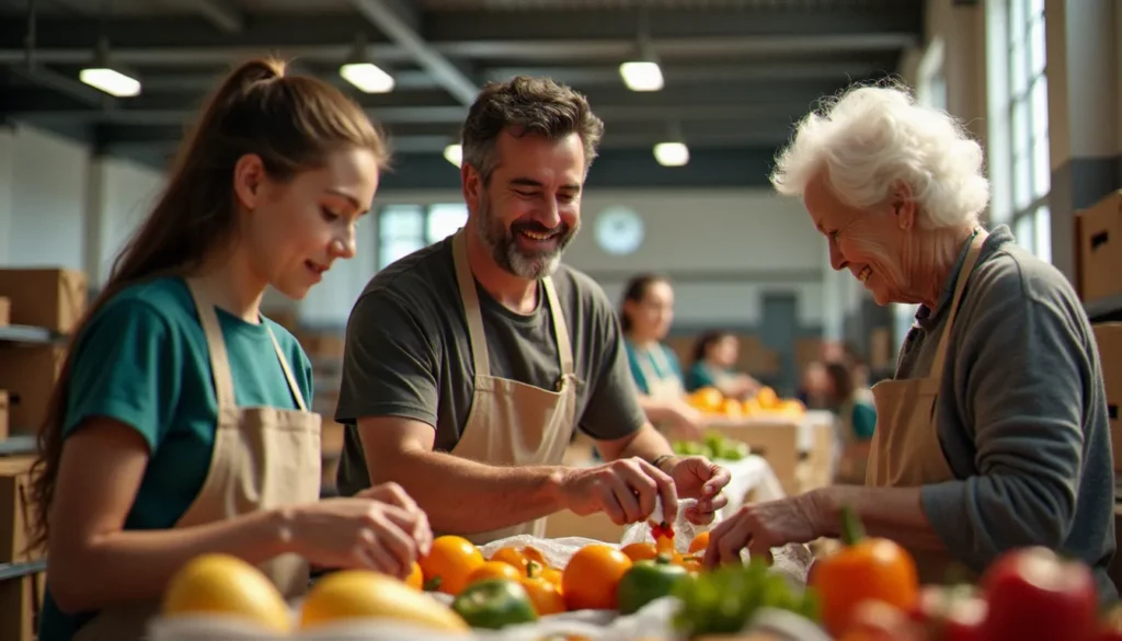 engagement citoyen age featured Bénévoles de différents âges réunis lors d'une distribution alimentaire, illustrant l'engagement citoyen à tout âge