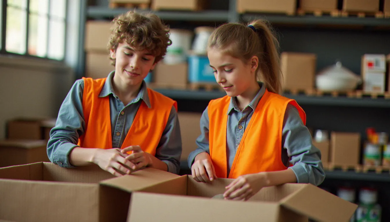 Deux lycéens bénévoles en gilet orange triant des denrées alimentaires dans une banque alimentaire locale, exemple concret d'engagement citoyen