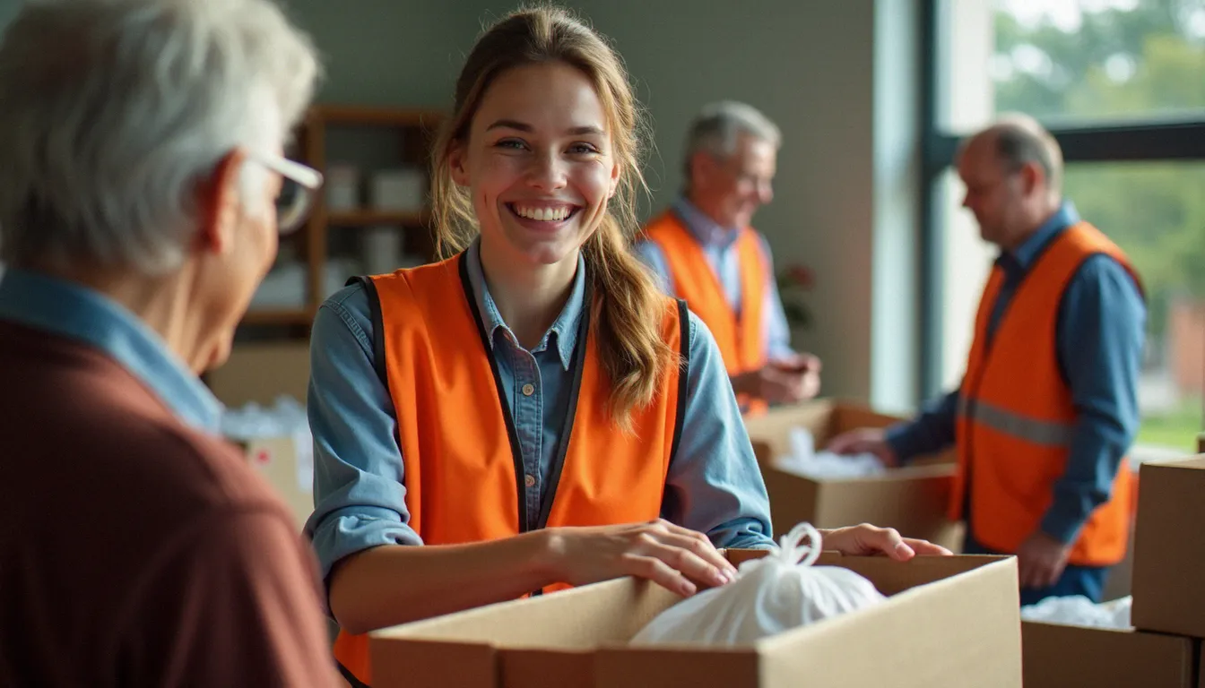 Jeune bénévole distribuant des denrées alimentaires dans une épicerie solidaire, exemple concret de l'engagement citoyen des jeunes en milieu associatif