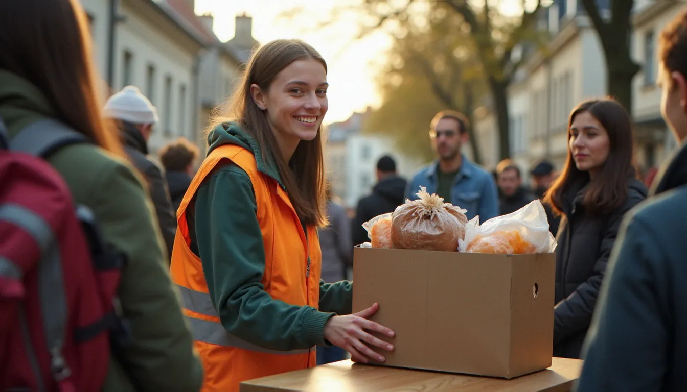 Jeune bénévole distribuant des colis alimentaires lors d'une action solidaire de rue, exemple concret d'engagement citoyen associatif